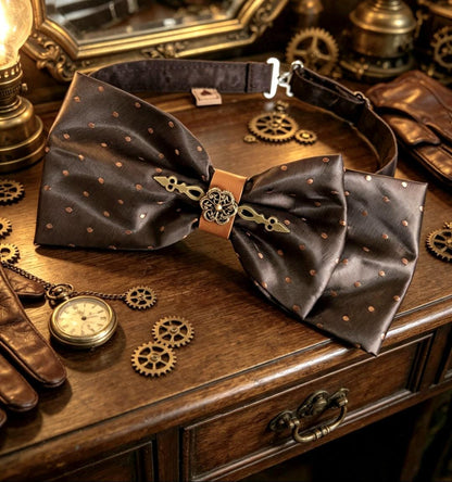 Brown Spot Silk Steampunk Bow Tie, Cogs & Clock Hands Detail, Goth, Whitby, Groom