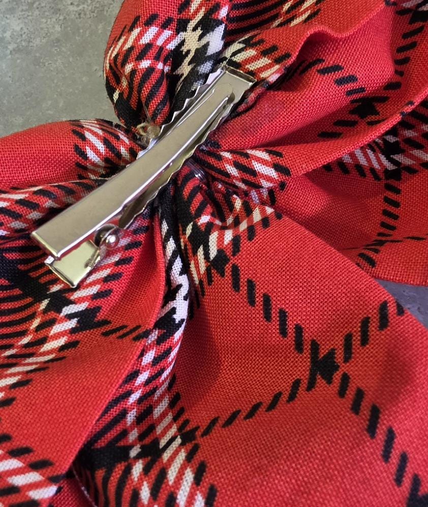 Big Red Black Tartan Check Hair Bow, Clip On, Gothic Punk Party Emo
