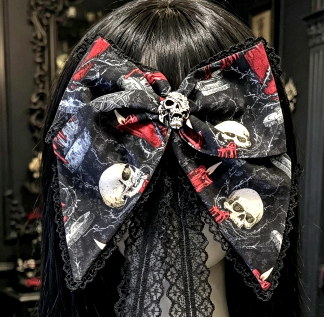 Big Red Black Gothic Hair Bow, Metal Skull Centre, Clip On, Gothic Punk Party Emo