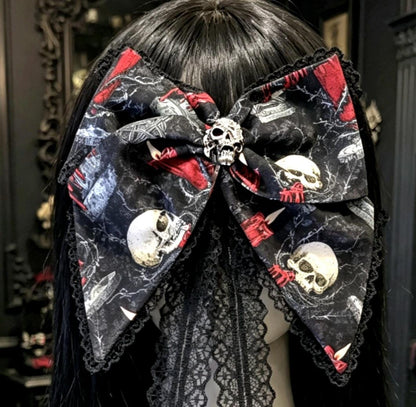 Big Red Black Gothic Hair Bow, Metal Skull Centre, Clip On, Gothic Punk Party Emo