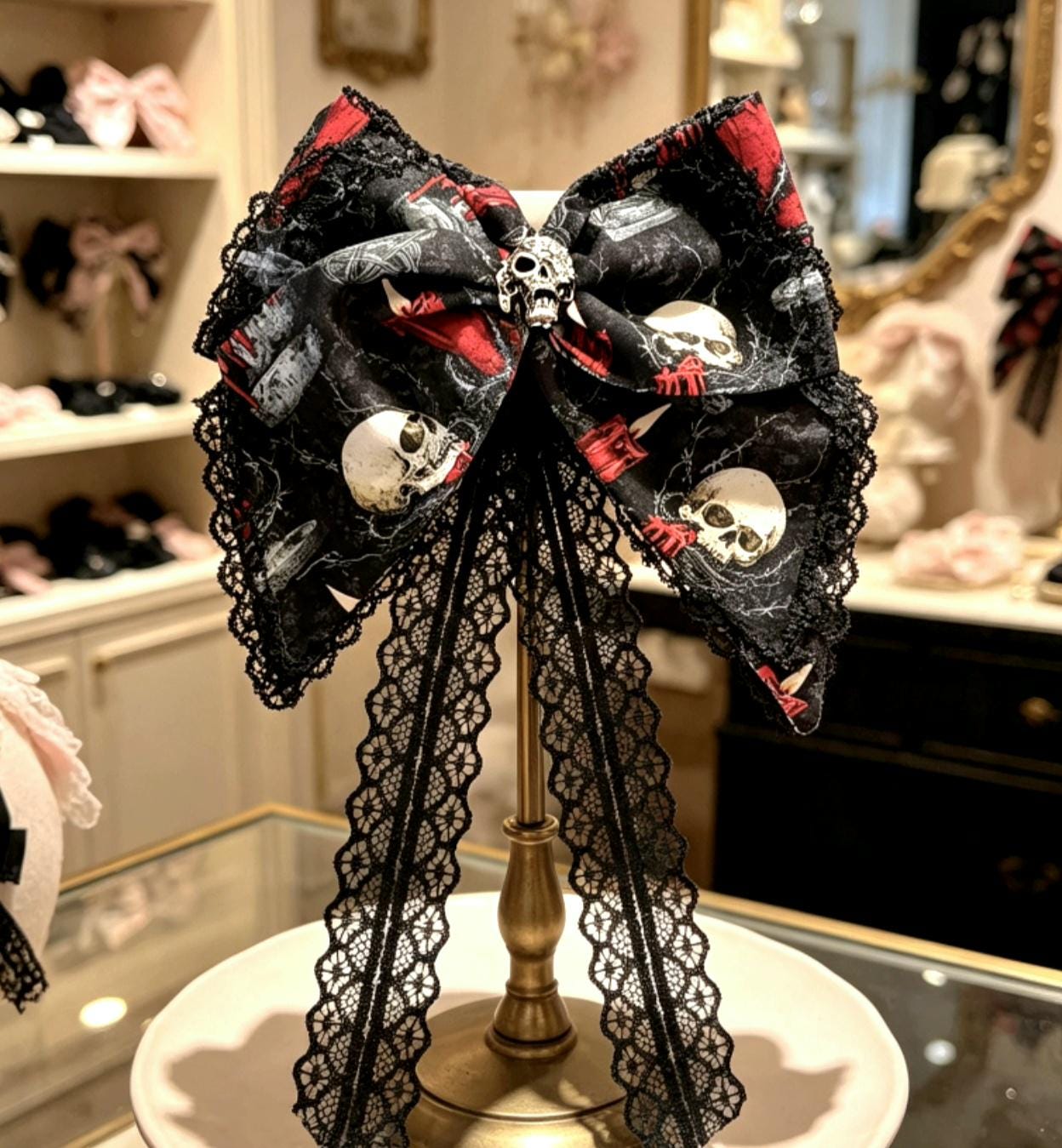 Big Red Black Gothic Hair Bow, Metal Skull Centre, Clip On, Gothic Punk Party Emo