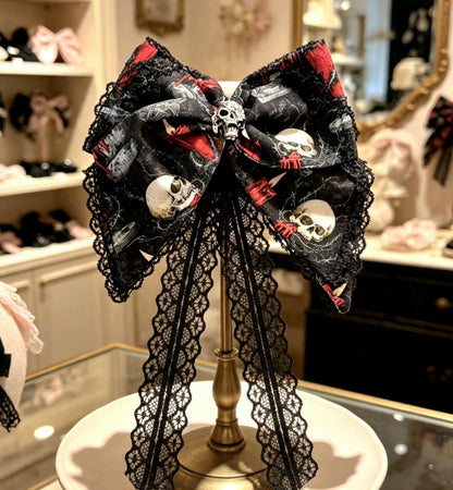 Big Red Black Gothic Hair Bow, Metal Skull Centre, Clip On, Gothic Punk Party Emo
