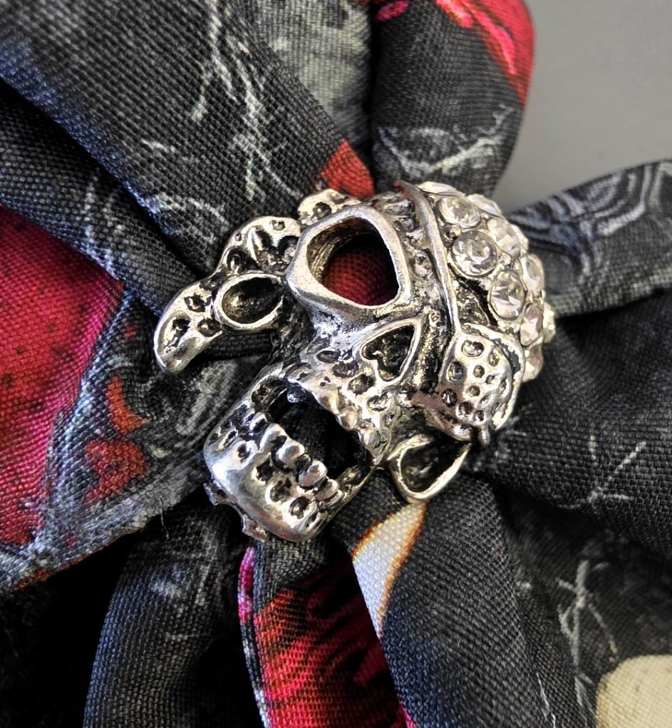 Big Red Black Gothic Hair Bow, Metal Skull Centre, Clip On, Gothic Punk Party Emo