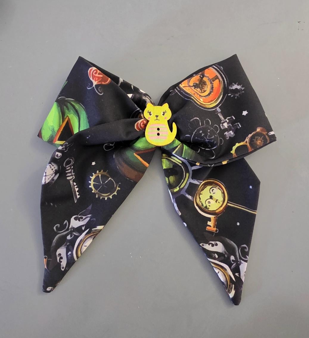 Black Orange Green Cat Gothic Halloween Hair Bow, Clip On, Gothic Punk Party Emo