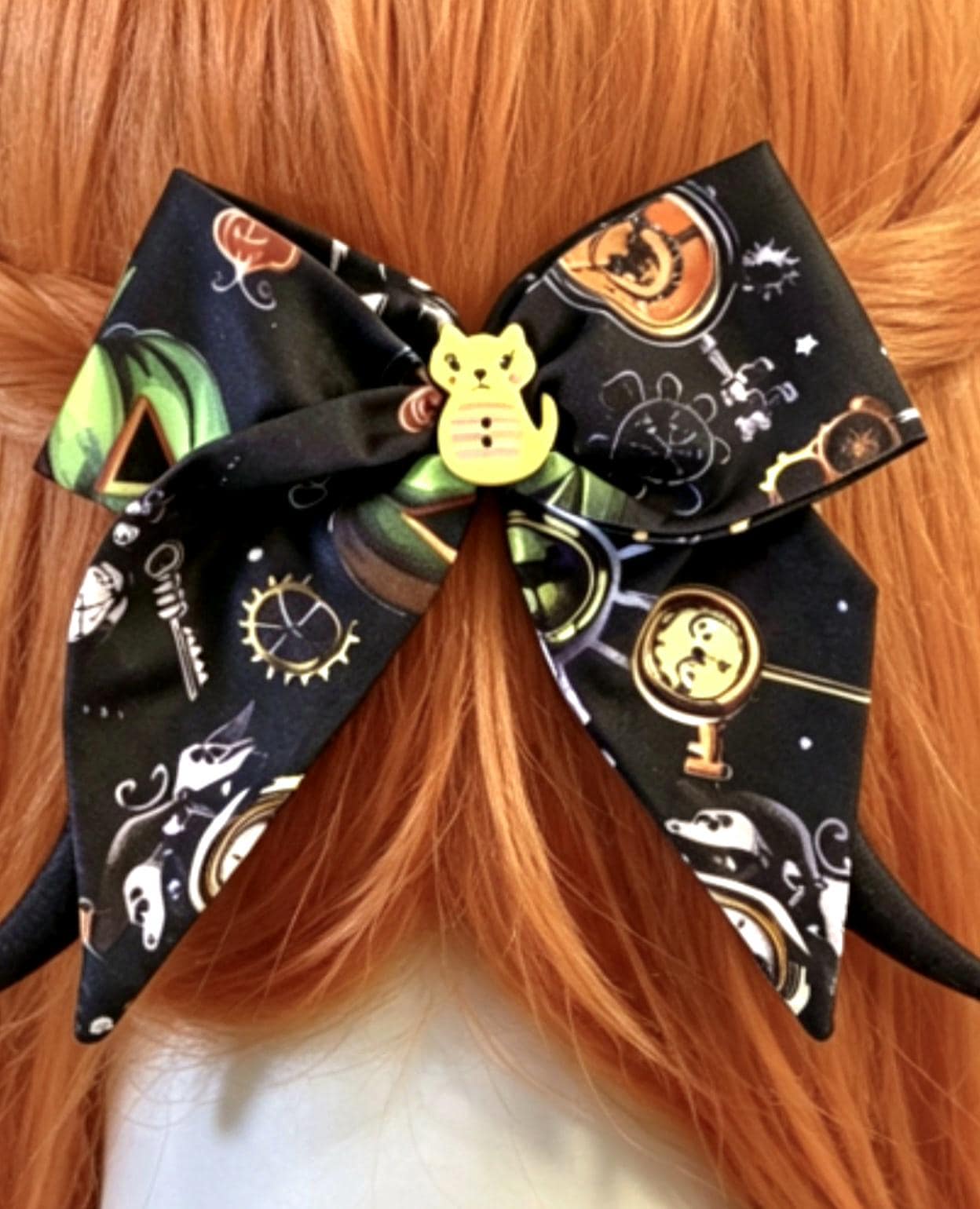 Black Orange Green Cat Gothic Halloween Hair Bow, Clip On, Gothic Punk Party Emo