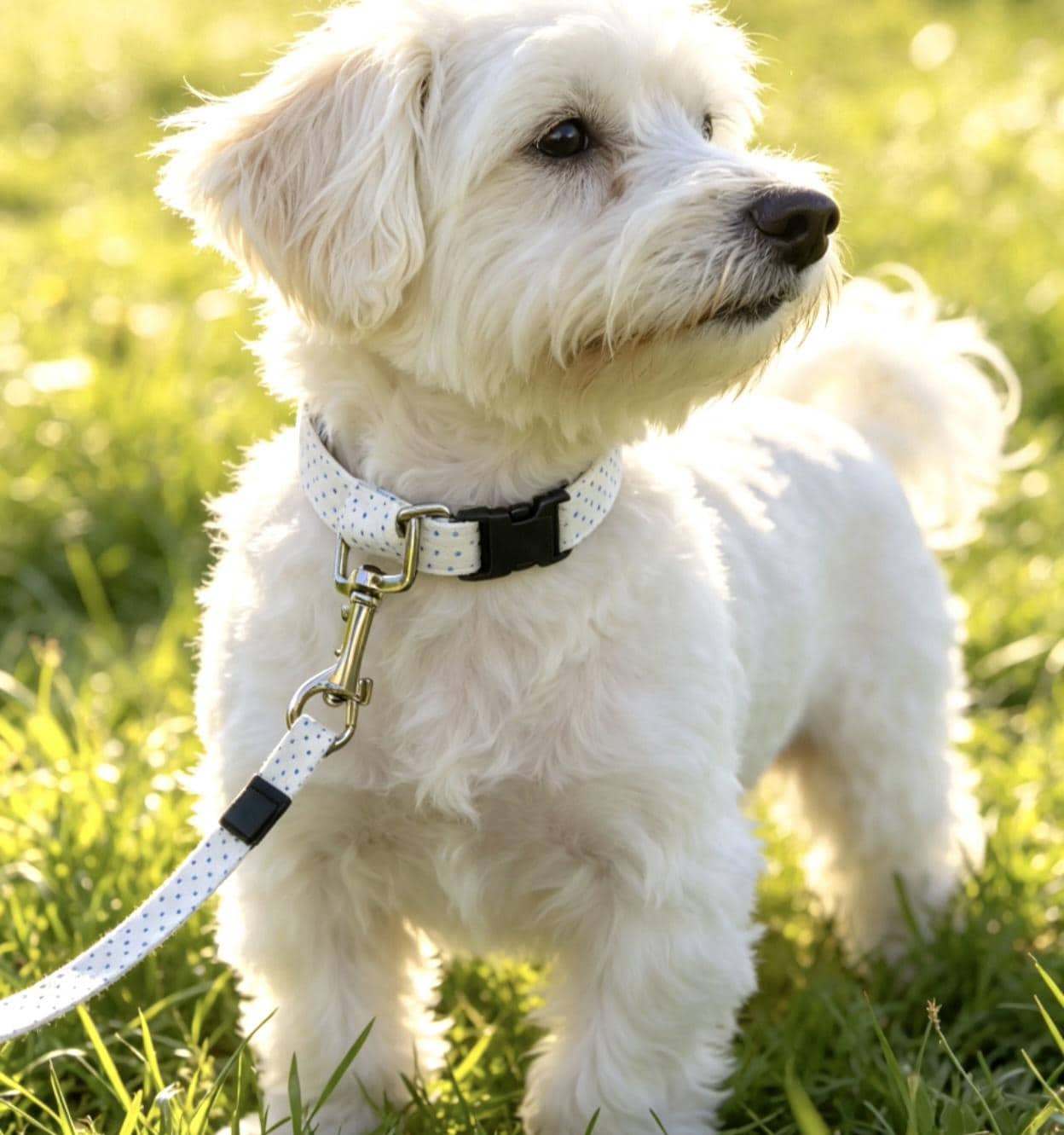 Blue White Polka Dot Dog Collar And Lead Set - Medium -  Matching Leash Set