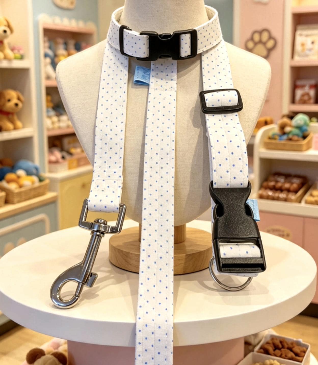 Blue White Polka Dot Dog Collar And Lead Set - Medium -  Matching Leash Set