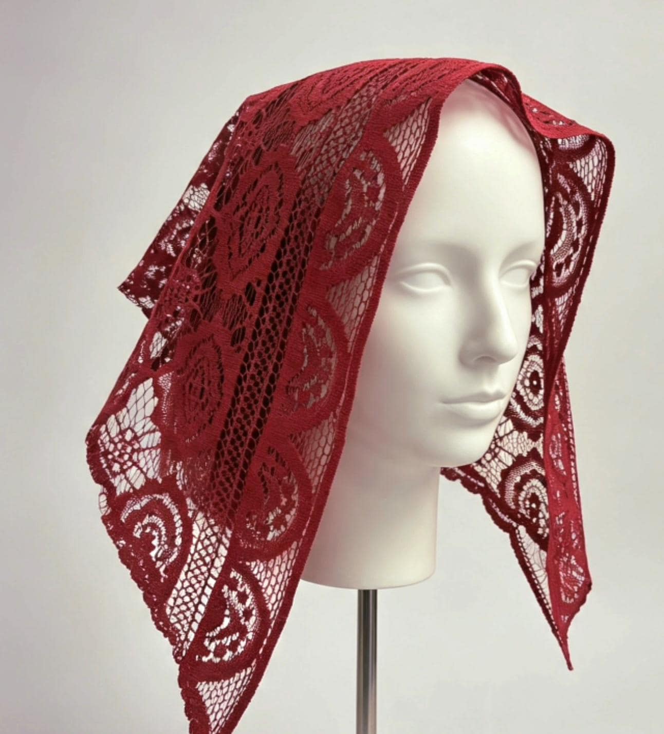 Deep Red Lace Veil Triangle Shape Mantilla Victorian Catholic Gothic Bride Costume