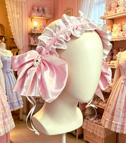 White Pink Lace Satin Flowers Lolita Headpiece Head Band - Clip On,  Maid Kawaii Gothic