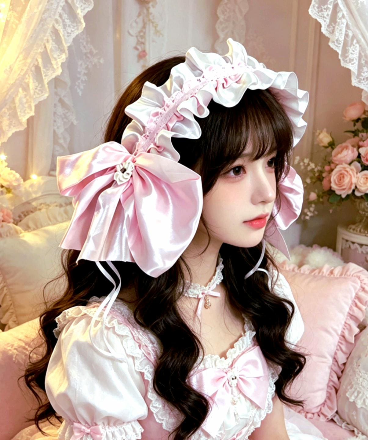 White Pink Lace Satin Flowers Lolita Headpiece Head Band - Clip On,  Maid Kawaii Gothic