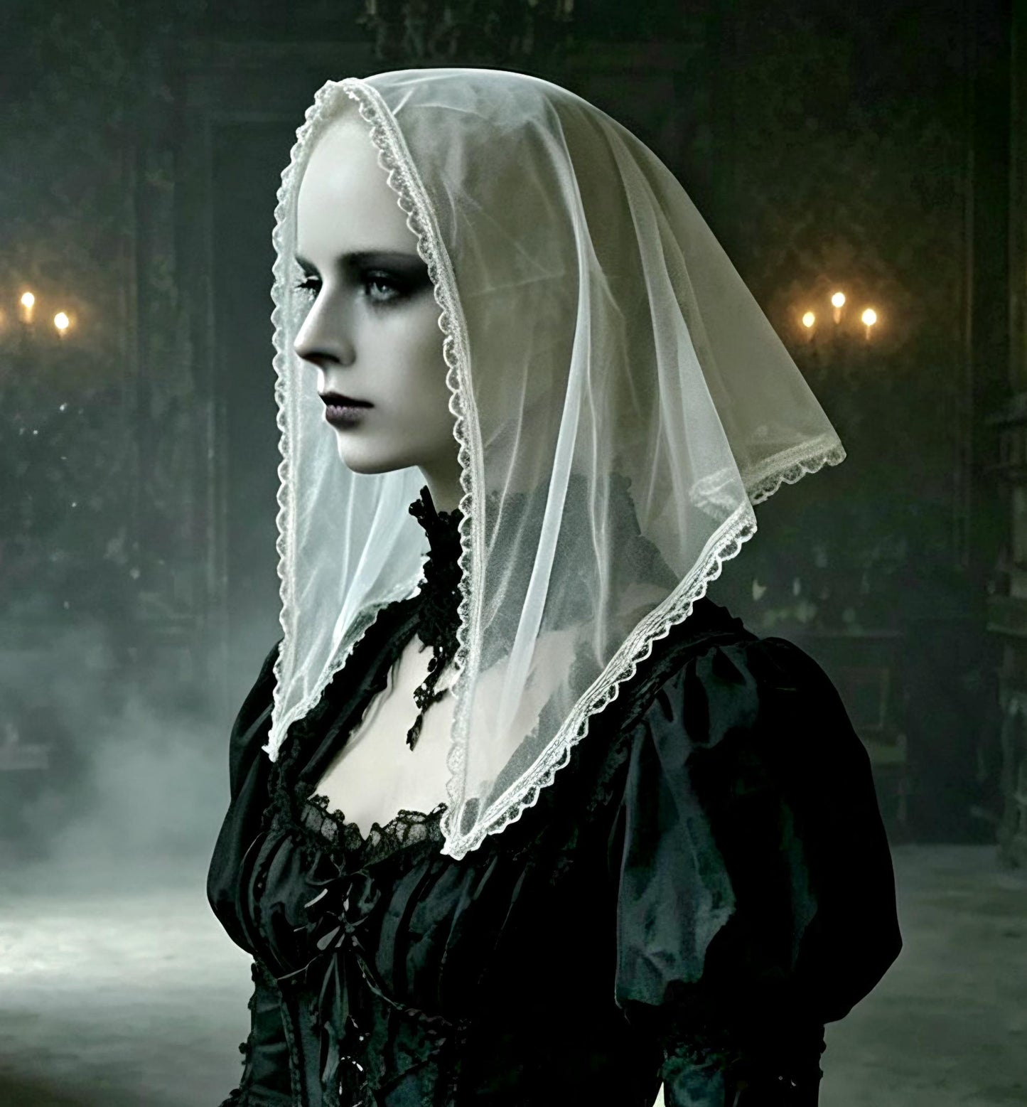 White Net & Lace Veil Triangle Shape Mantilla Victorian Catholic Gothic Bride Costume