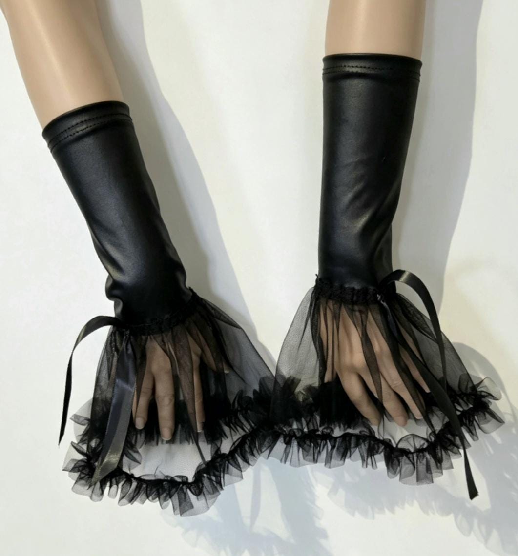Black Faux Leather & Deep Lace Wrist Cuffs - Gothic Victorian Emo Fingerless Gloves