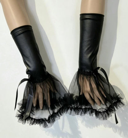 Black Faux Leather & Deep Lace Wrist Cuffs - Gothic Victorian Emo Fingerless Gloves