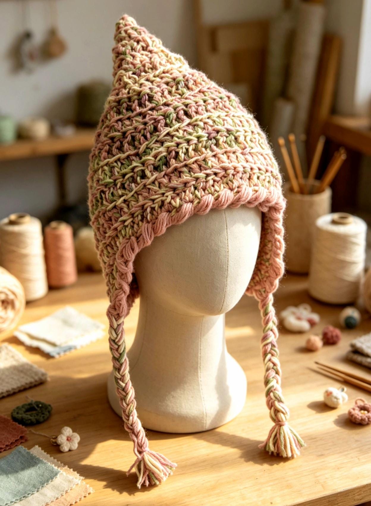 Handmade Woodland Wizard Pixie Hat - OOAK Green Pink Yellow Fairy Garden