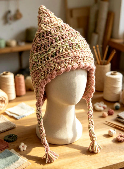 Handmade Woodland Wizard Pixie Hat - OOAK Green Pink Yellow Fairy Garden
