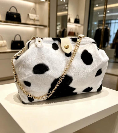 Handmade Black White Cow Print Handbag, Fully Lined, Chain Handle, Original OOAK