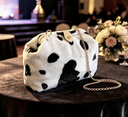Handmade Black White Cow Print Handbag, Fully Lined, Chain Handle, Original OOAK