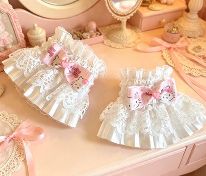 White Lace Wrist Cuffs With Pink Kitty Bows - Whitby Lolita Kawaii Cute