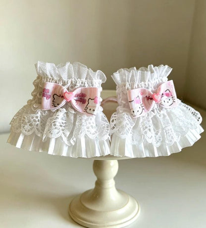 White Lace Wrist Cuffs With Pink Kitty Bows - Whitby Lolita Kawaii Cute