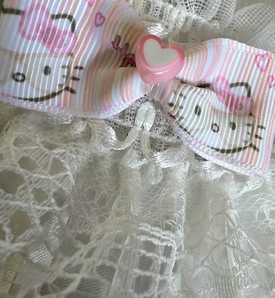 White Lace Wrist Cuffs With Pink Kitty Bows - Whitby Lolita Kawaii Cute