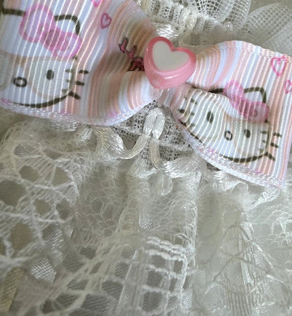 White Lace Wrist Cuffs With Pink Kitty Bows - Whitby Lolita Kawaii Cute