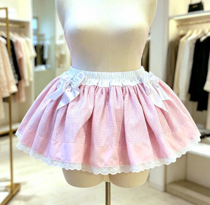 Pink White Gingham Sweet Lolita Kawaii Skirt - Frills Bows Kei Size 20 - 22 (UK)