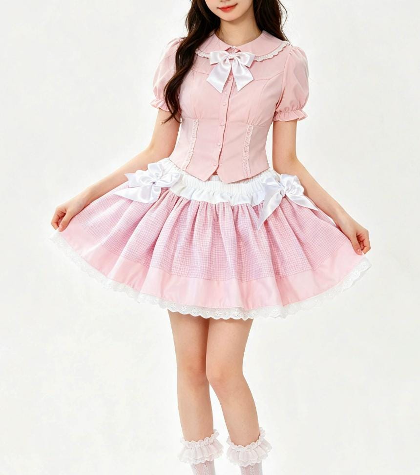 Pink White Gingham Sweet Lolita Kawaii Skirt - Frills Bows Kei Size 20 - 22 (UK)