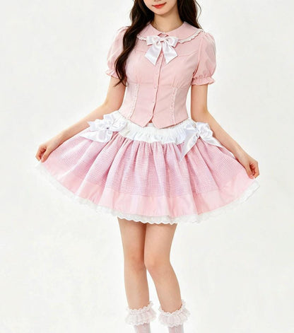 Pink White Gingham Sweet Lolita Kawaii Skirt - Frills Bows Kei Size 20 - 22 (UK)