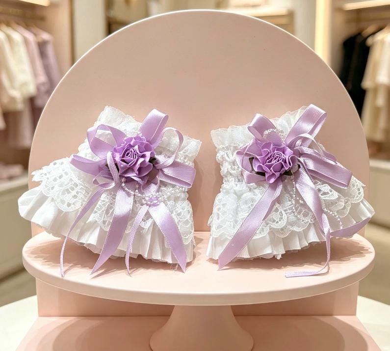 White Lace Wrist Cuffs With Lilac Satin Rose Ribbon And Beads - Whitby Lolita Kawaii Cute
