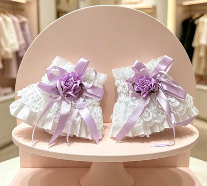 White Lace Wrist Cuffs With Lilac Satin Rose Ribbon And Beads - Whitby Lolita Kawaii Cute