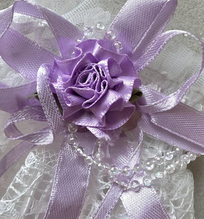 White Lace Wrist Cuffs With Lilac Satin Rose Ribbon And Beads - Whitby Lolita Kawaii Cute