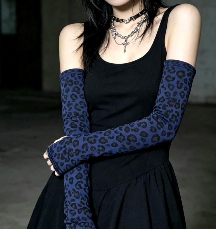 Blue Leopard Print Stretch Arm Warmers , Gothic Victorian Sleeves Costume