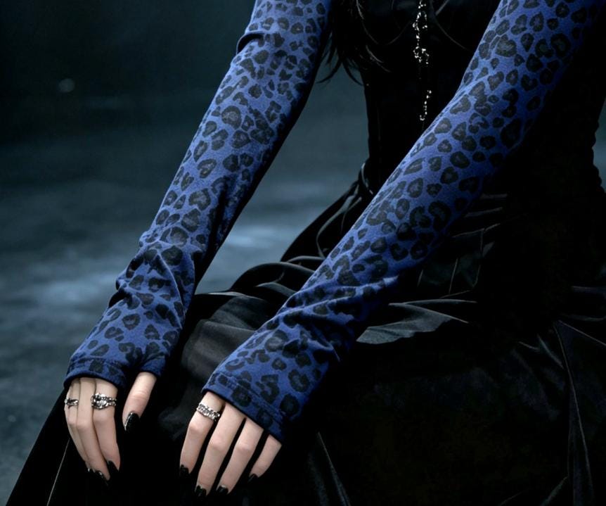 Blue Leopard Print Stretch Arm Warmers , Gothic Victorian Sleeves Costume
