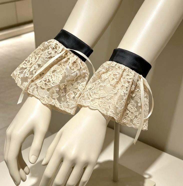 Black Faux Leather & Cream Lace Wrist Cuffs - Gothic Victorian Punk Fingerless Gloves