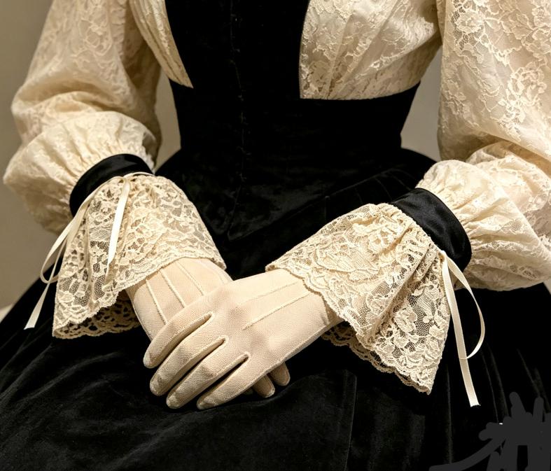 Black Faux Leather & Cream Lace Wrist Cuffs - Gothic Victorian Punk Fingerless Gloves