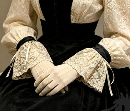 Black Faux Leather & Cream Lace Wrist Cuffs - Gothic Victorian Punk Fingerless Gloves