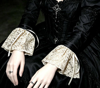 Black Faux Leather & Cream Lace Wrist Cuffs - Gothic Victorian Punk Fingerless Gloves
