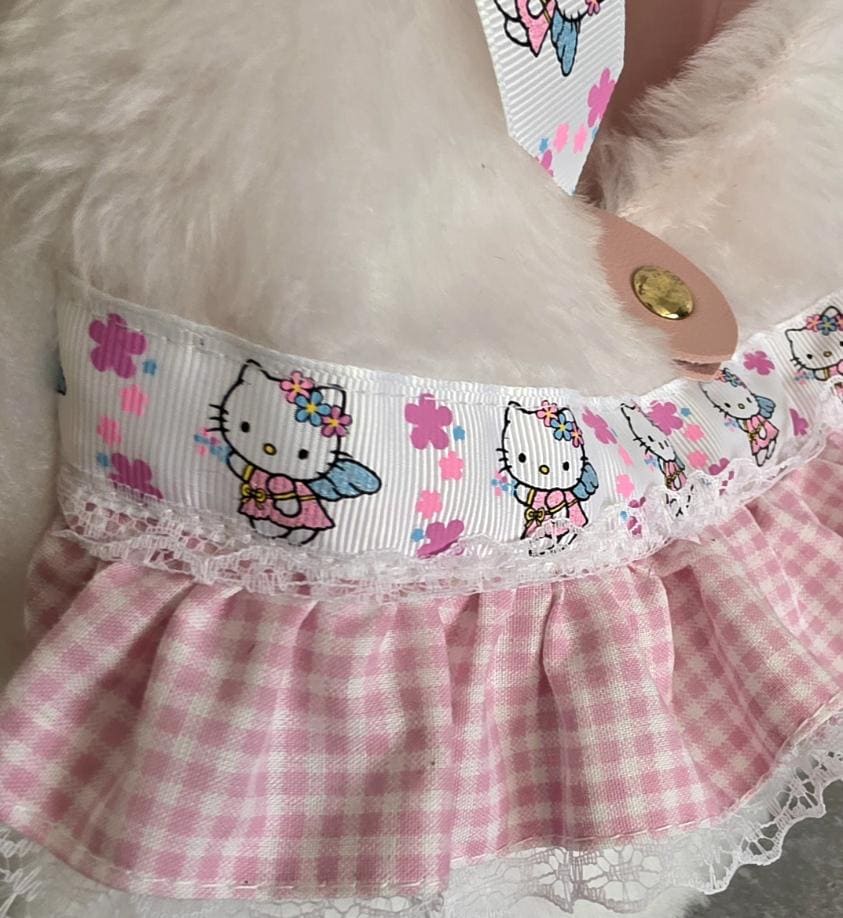 White Faux Fur Lolita Kawaii Hand Bag Pink Blue Bows Lace Frills Cosplay Tea Party