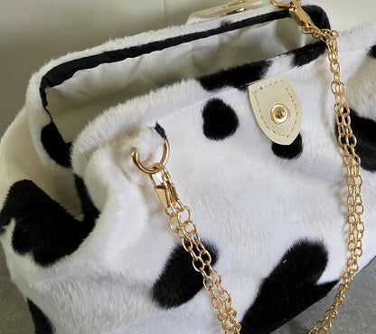 Handmade Black White Cow Print Handbag, Fully Lined, Chain Handle, Original OOAK