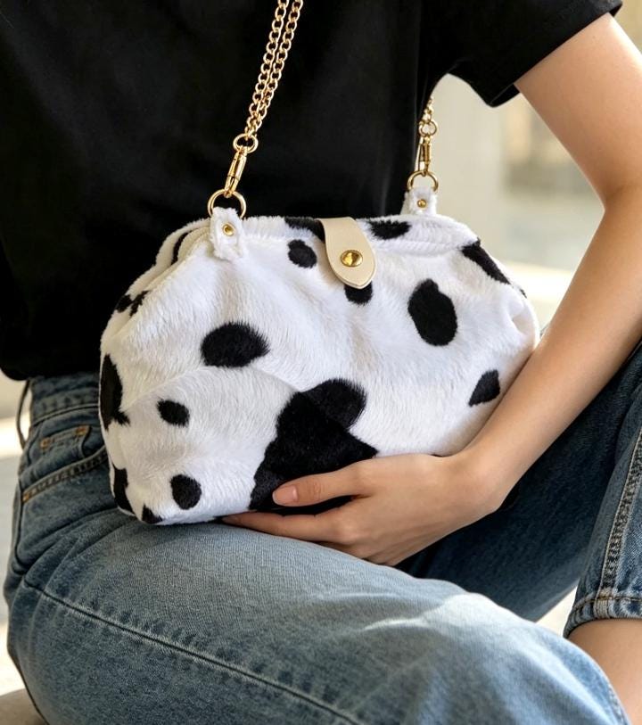 Handmade Black White Cow Print Handbag, Fully Lined, Chain Handle, Original OOAK
