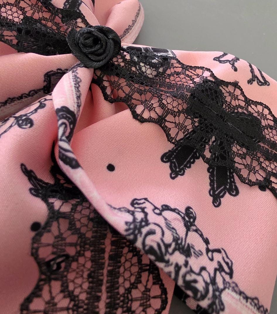 Pink Black Skulls & Bows Hair Bow With Lace Trim, Clip On - Lolita Gothic Punk Holiday