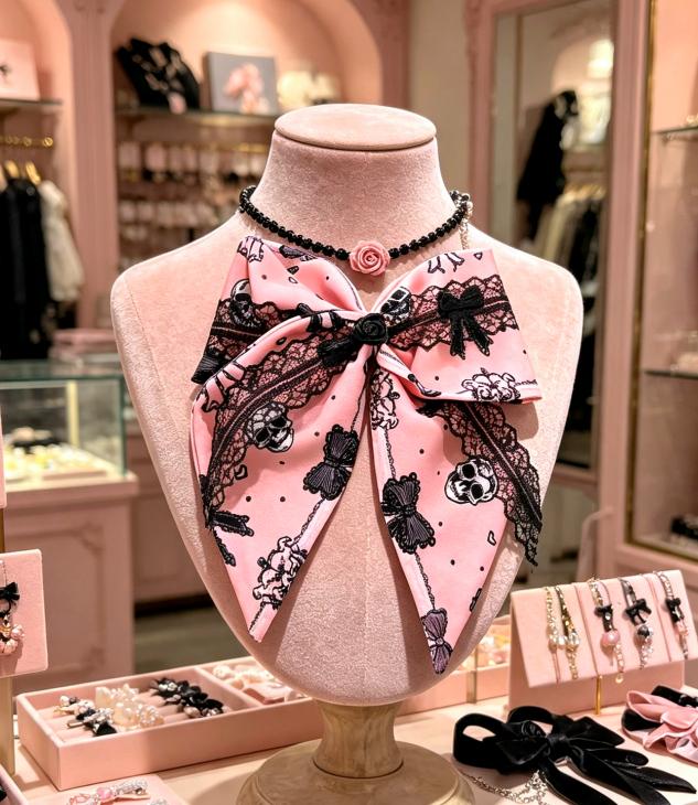 Pink Black Skulls & Bows Hair Bow With Lace Trim, Clip On - Lolita Gothic Punk Holiday