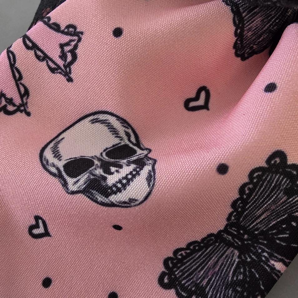 Pink Black Skulls & Bows Hair Bow With Lace Trim, Clip On - Lolita Gothic Punk Holiday