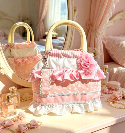 Sweet Lolita Pink & White Frilly Satin Handbag - Kawaii Tea Party Purse