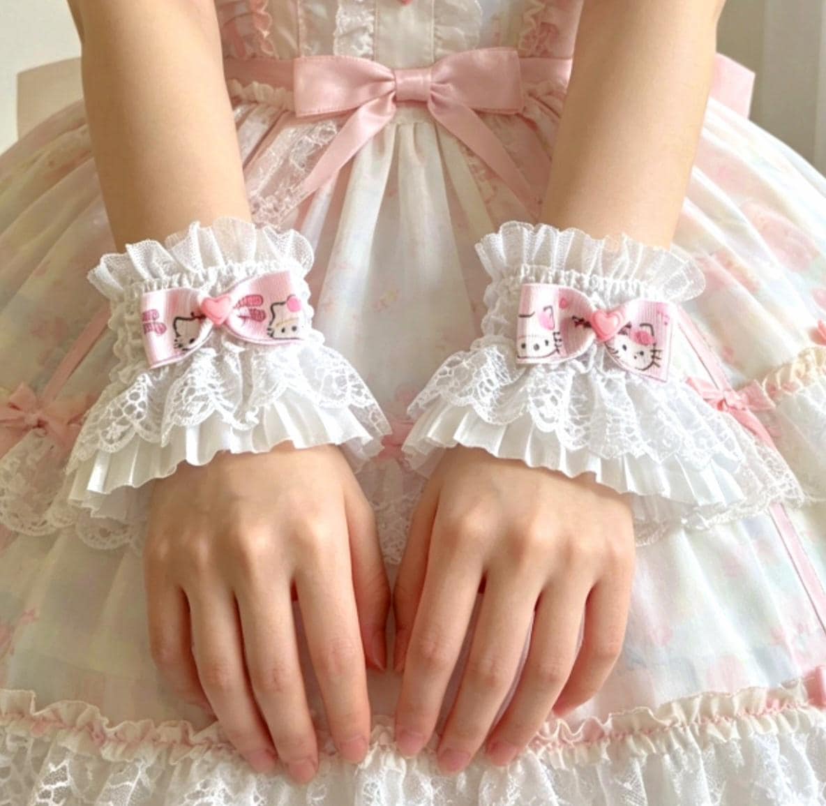White Lace Wrist Cuffs With Pink Kitty Bows - Whitby Lolita Kawaii Cute