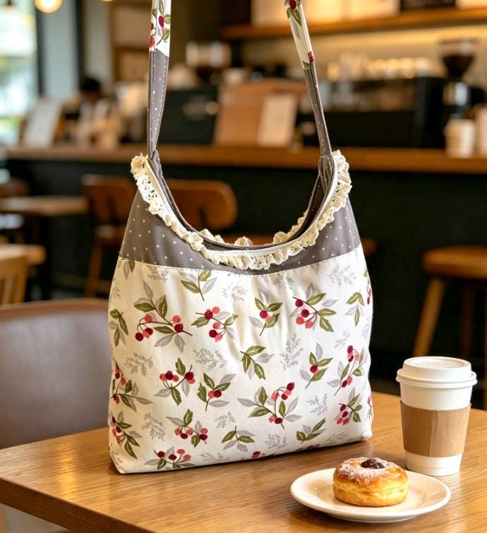 Shoulder Bag Green Cream Red Spots & Berries Handbag Boho OOAK