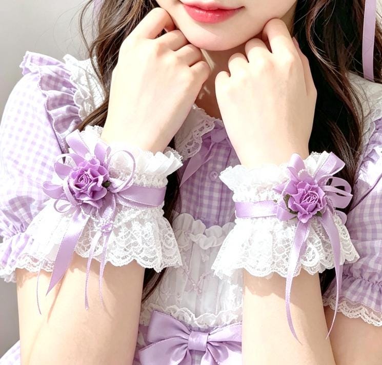 White Lace Wrist Cuffs With Lilac Satin Rose Ribbon And Beads - Whitby Lolita Kawaii Cute