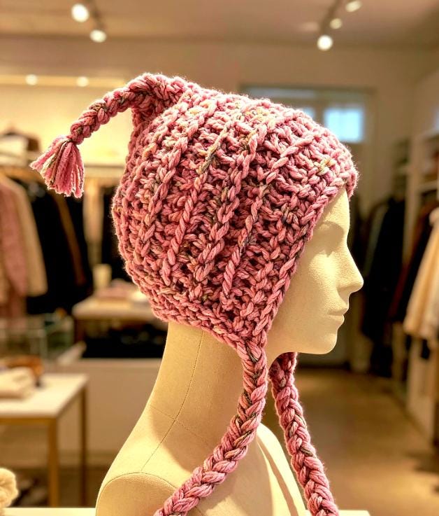 Handmade Pink Chunky Crochet Pixie Hat - Woodland Elf Bonnet with Tassels, Fairycore Winter Festival Beanie