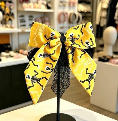 Yellow Black Skeletons Hair Bow With Lace Trim, Clip On - Lolita Gothic Punk Halloween