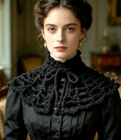 Black Crochet Spider Web Capelet Shawl - Gothic Victorian Costume
